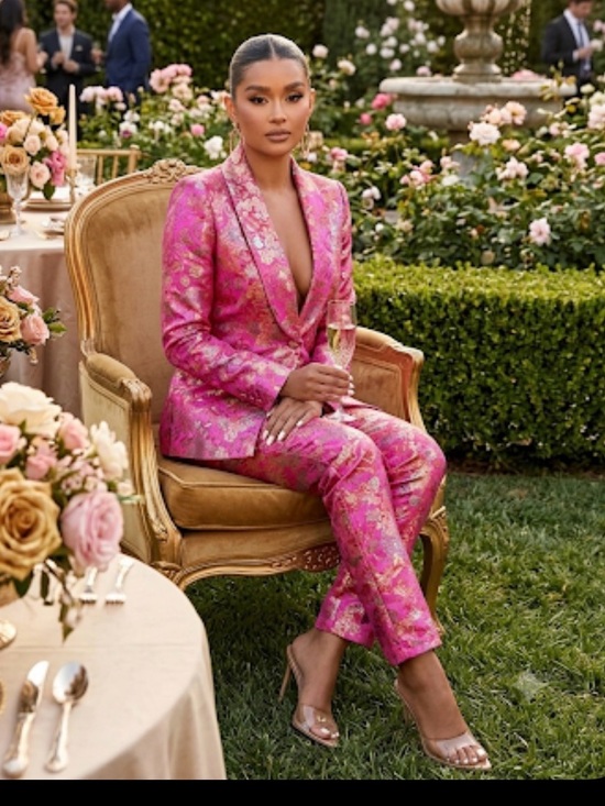 Fashion Nova Luxe Pants - Fuchsia Floral Brocade Women's Blazer and Trousers Set